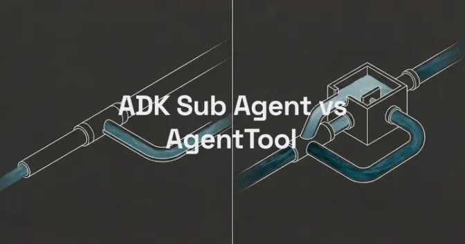 Banner reading 'ADK Sub Agent vs AgentTool' over a line drawing of a pipe that branches directly on the left and routes through a junction box on the right