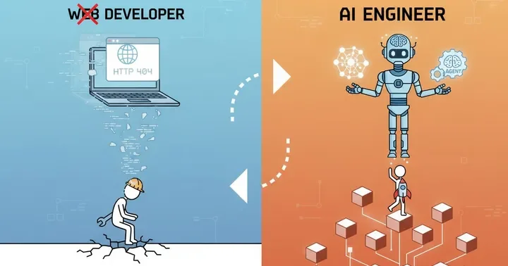 Split illustration: on the left, 'Web Developer' crossed out above a figure falling through cracked ground beneath a laptop showing HTTP 404; on the right, 'AI Engineer' above a robot and a figure climbing blocks