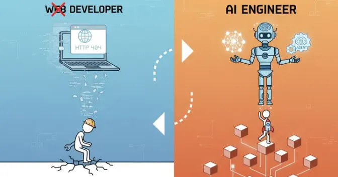Split illustration: on the left, 'Web Developer' crossed out above a figure falling through cracked ground beneath a laptop showing HTTP 404; on the right, 'AI Engineer' above a robot and a figure climbing blocks