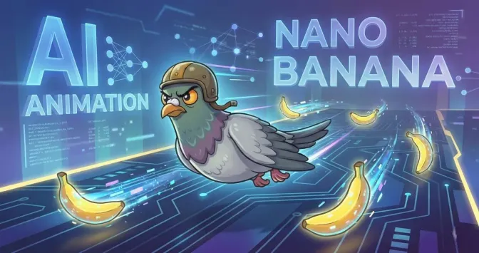 Illustration of a cartoon pigeon in a leather flying helmet soaring over a neon circuit-board landscape, captioned 'AI Animation' and 'Nano Banana', with bananas streaking past