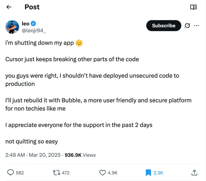 Tweet showing vibe coding gone wrong