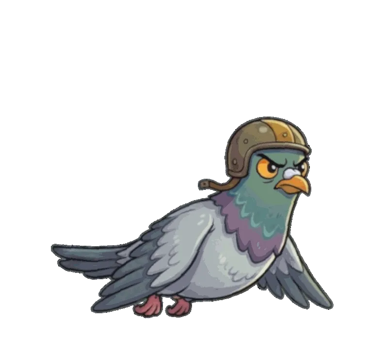 Animated sprite of the cartoon pigeon in its leather flying helmet, flapping its wings through the generated flight cycle